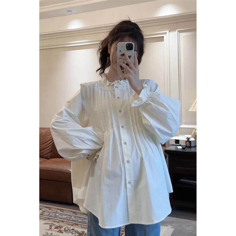 孕妇白色衬衫日系温柔风花边领灯笼袖衬衫女白色气质减龄洋气上衣