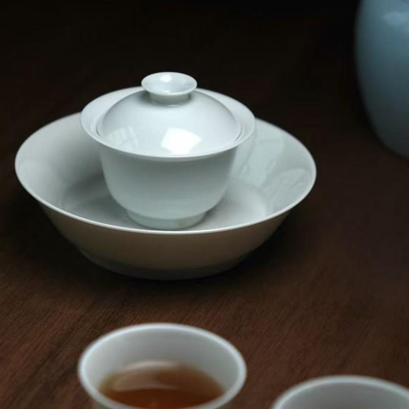 溪山雅颂丨评审盖碗素白陶瓷杯简约茶具景德镇茶具小容量不易烫手