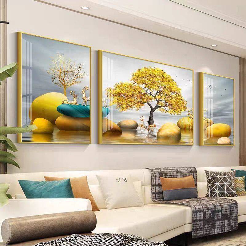 轻奢客厅沙发背景墙三联画晶瓷镶钻装饰画卧室床头画北欧麋鹿挂画