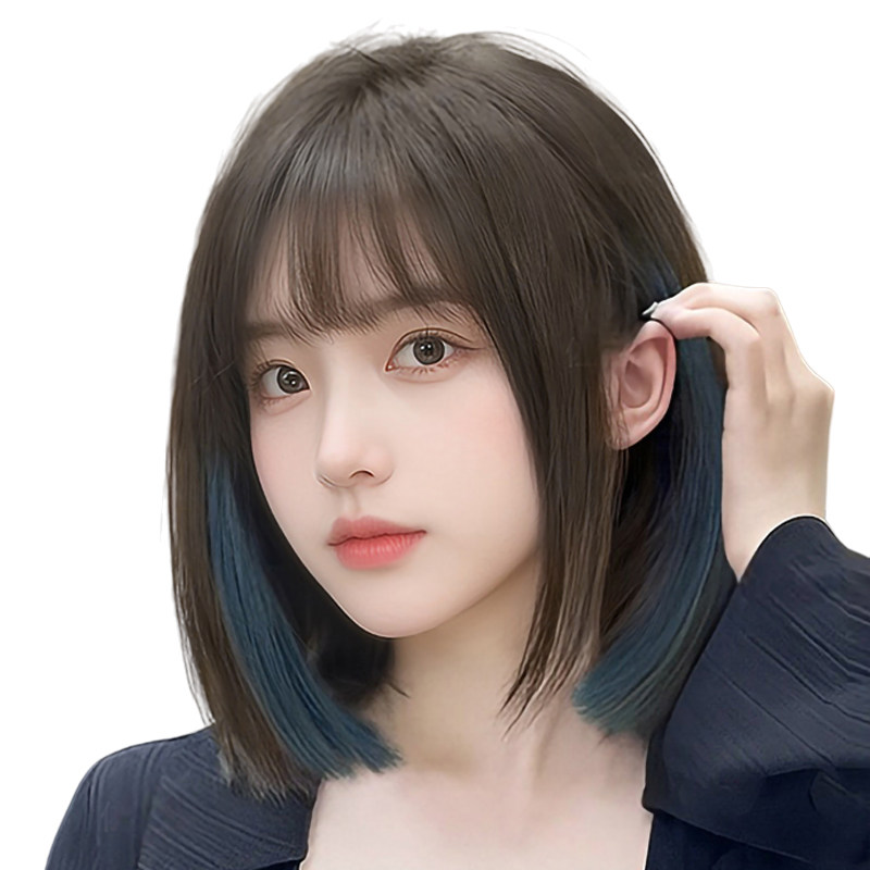 假发女短发自然全头套式时尚新款挑染雾霾蓝仿真发全真人发假发套