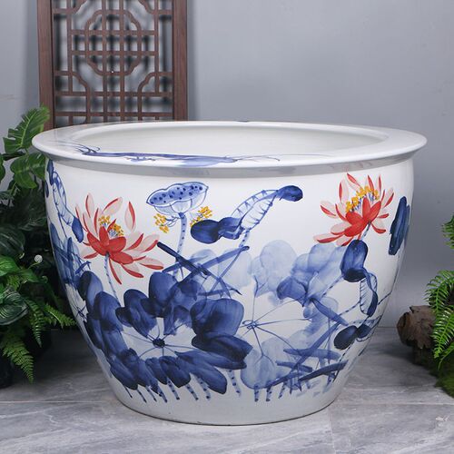 景德镇手绘陶瓷鱼缸客厅养鱼缸睡莲荷花碗莲缸乌龟大水缸庭院摆件