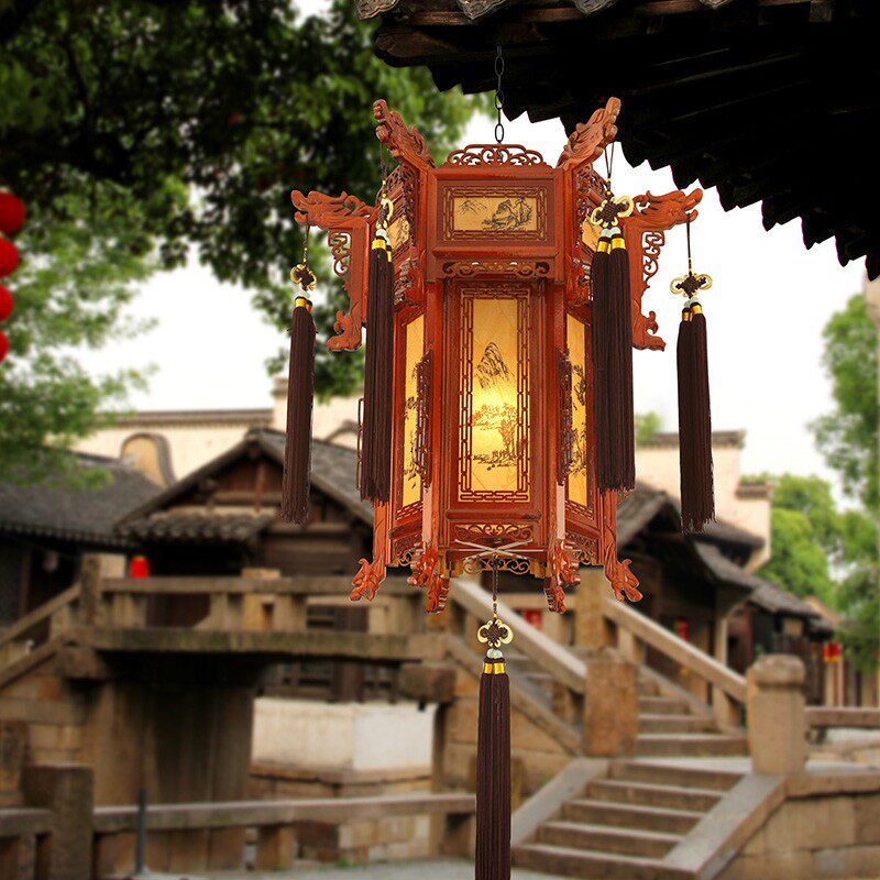 中式实木宫灯六角祠堂新年羊皮古典结婚阳台吊灯户外仿古灯笼挂饰