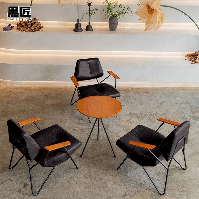 黑匠铠甲皮耐磨咖啡店桌椅组合奶茶店沙发西餐厅洽谈商用卡座实木