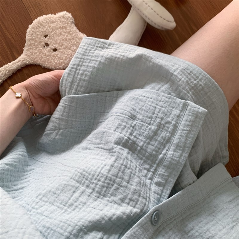 复古蓝夏季背心短裤婴儿棉纱睡衣女款2025新款夏双层纱家居服套装