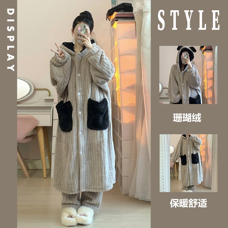 冬款加厚连帽珊瑚绒睡衣女加绒加厚冬季新款居家服睡袍长裤套装冬