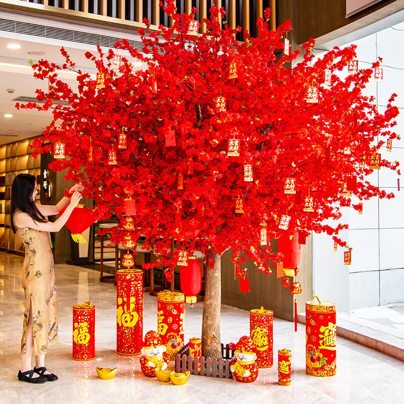 仿真桃花树红色许愿树发财树红包假树仿真树节日布置新年装饰造景