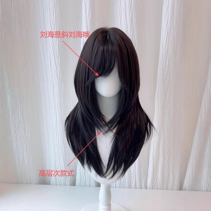 假发女长发古早斜刘海高层次黑长直假发套日常lolita自然全头套式