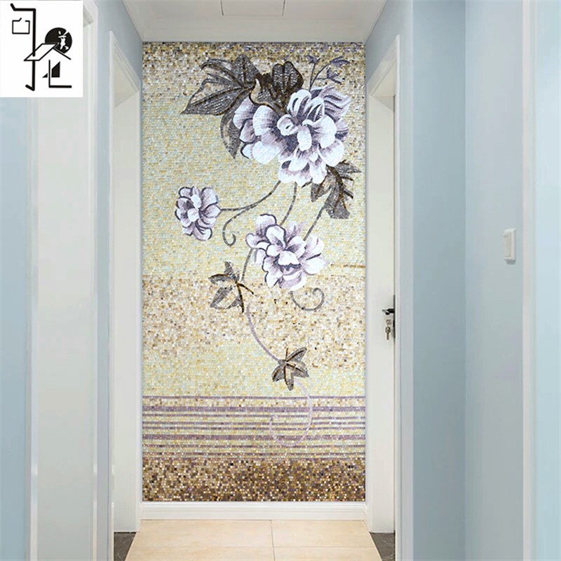 玻璃马赛克玄关背景墙拼图拼花瓷砖餐厅现代简约水仙花手工剪画