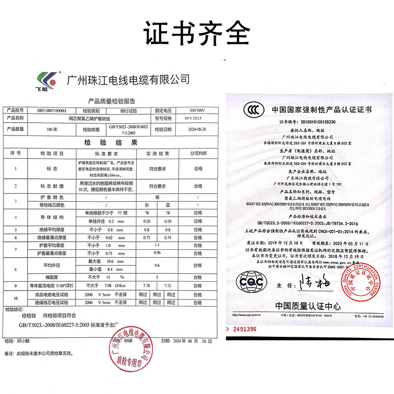 国标珠江电线电缆2芯0.5/0.75/1/1.5/2.5平方纯铜软电源线护套线