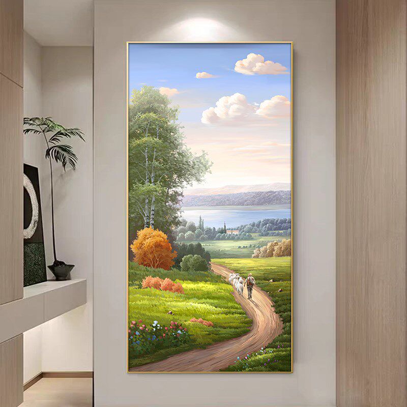田园风光玄关装饰画风景山水画高级感走廊过道挂画入户门正对墙画