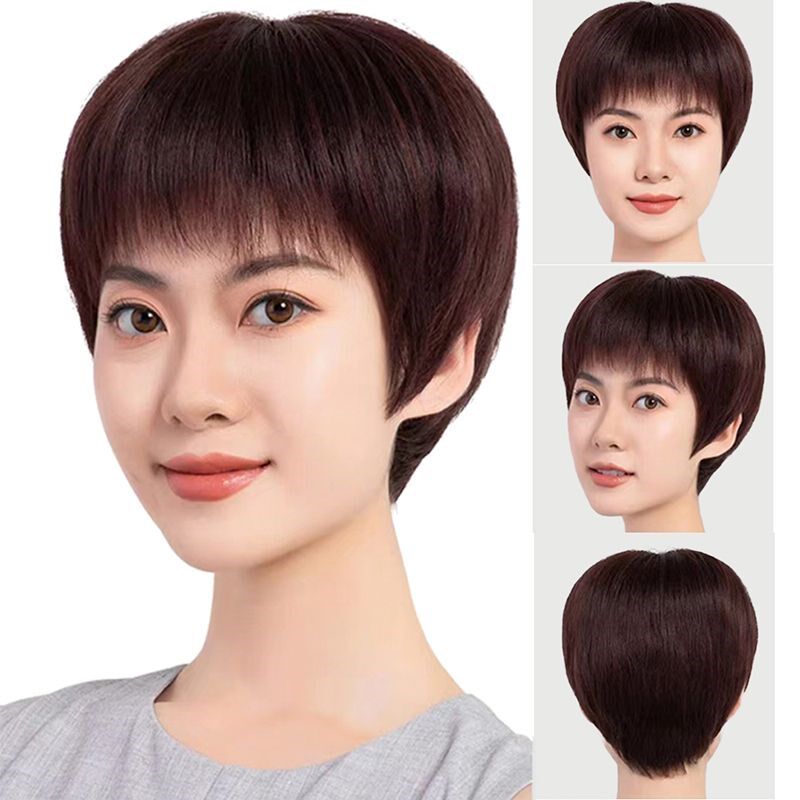 许昌轻薄透气款女士假发真发全真人发全头套中老年妈妈手勾短直发