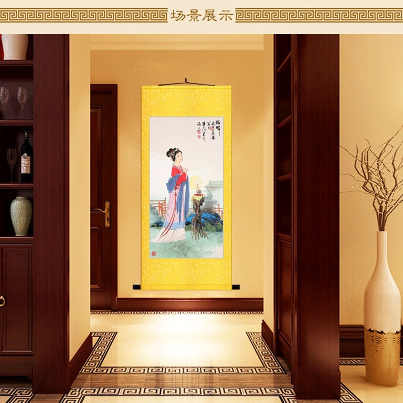 貂蝉拜月西施浣纱图 古代四大美女美人画像 卷轴挂画装饰画绢布画