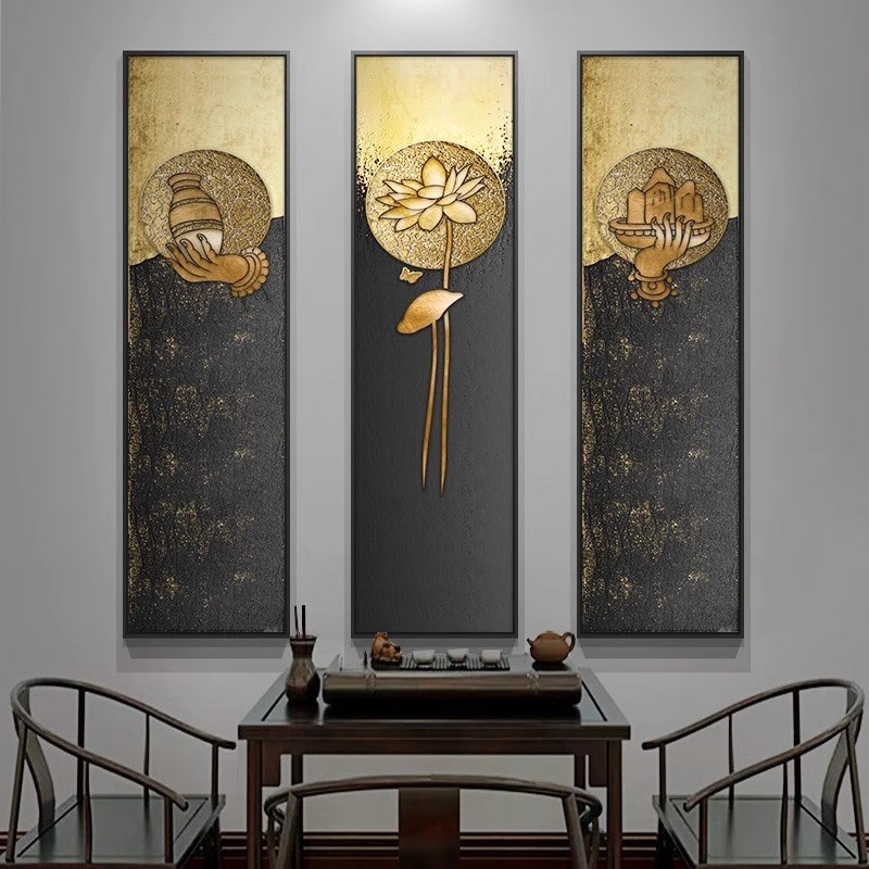 茶室禅意挂画新中式客厅背景墙装饰画佛手莲花组合画佛系竖版壁画