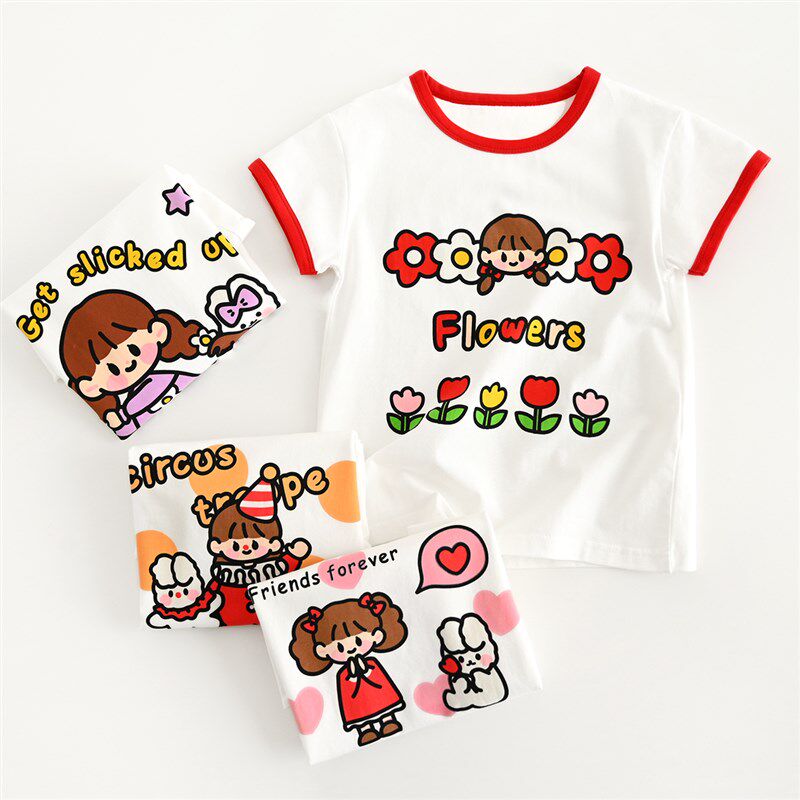 包邮儿童卡通T恤衫 纯棉可爱圆领 女童短袖上衣夏款 童装山东网店