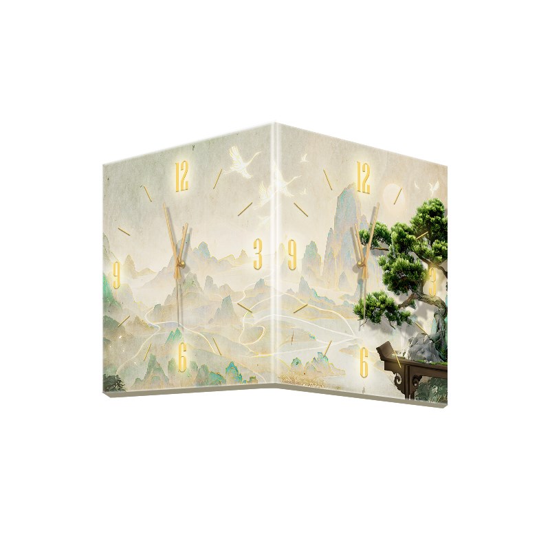 新中式转角挂钟玄关装饰画迎客松创意时钟墙壁灯双面钟表发光挂画