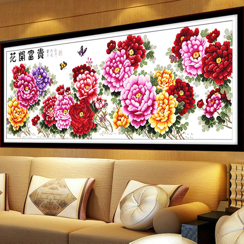 绣好的纯手工牡丹花开富贵十字绣成品机绣电脑大幅新款客厅挂画大