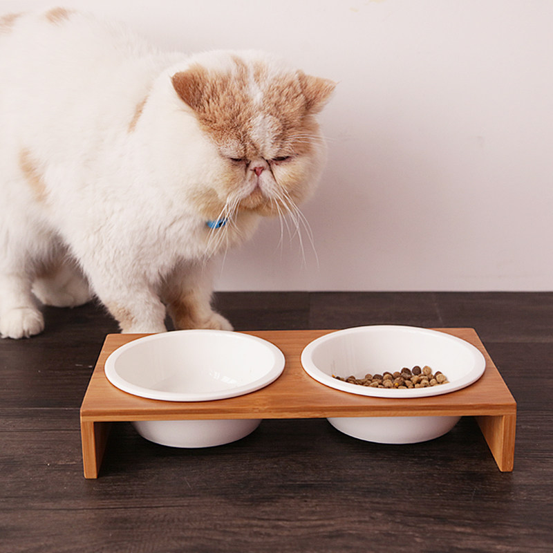 肥喵日记竹板立架陶瓷双碗餐桌饭桌宠物猫咪狗狗碗架饭碗两用食盆