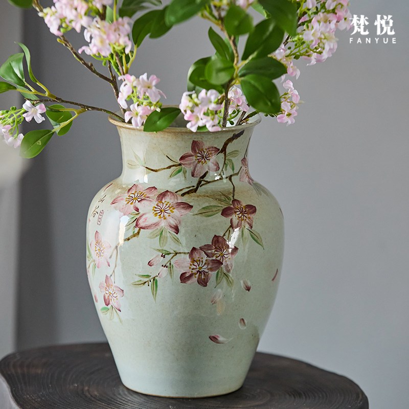 梵悦 景德镇手工复古宽口手绘桃花陶瓷花瓶可蓄水茶室家居花器