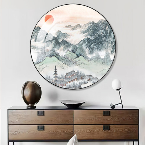 新中式玄关装饰画圆形山水办公室茶室挂画画客厅沙发背景墙面壁画