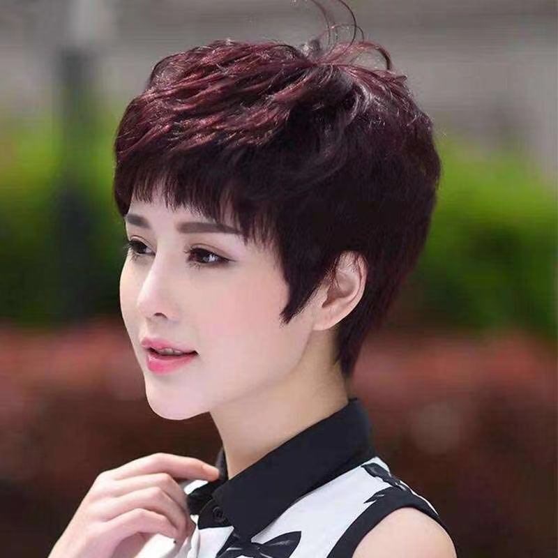 中老年女士整顶假发 自然逼真短卷发套 可齐可斜刘海假发 商务OL