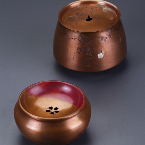 紫铜手工錾刻带盖茶洗建水渣斗水盂日式杯洗小茶渣桶功夫茶具配件