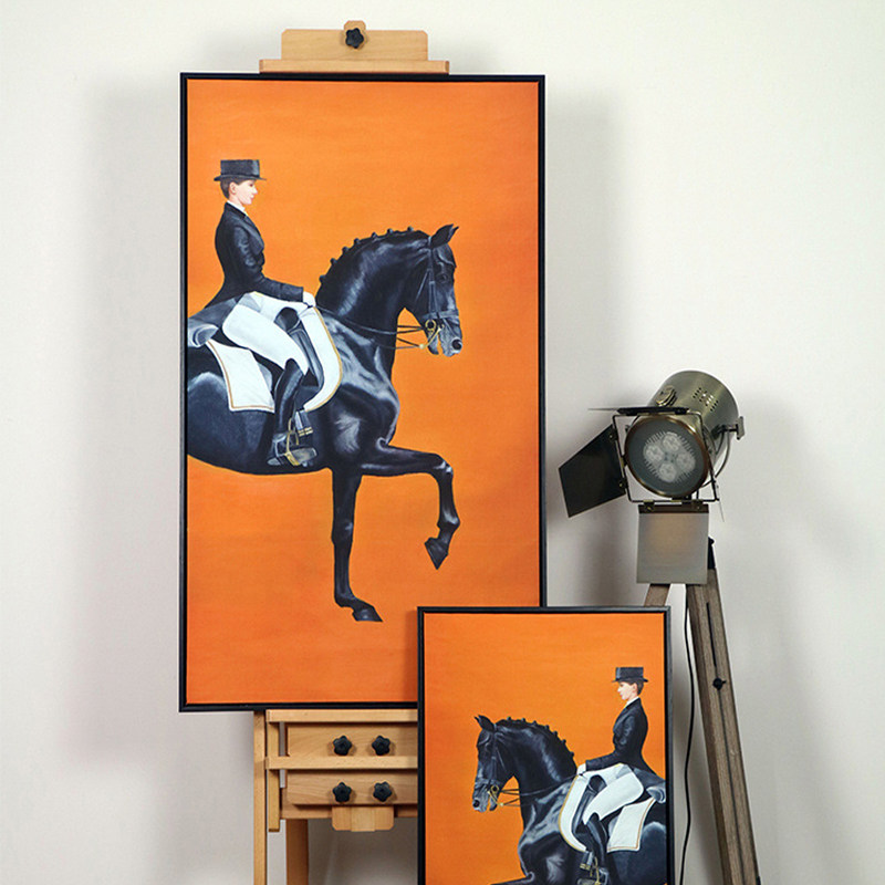 美式装饰画橙色骑士玄关挂画轻奢客厅背景墙黑马走廊爱马大幅壁画