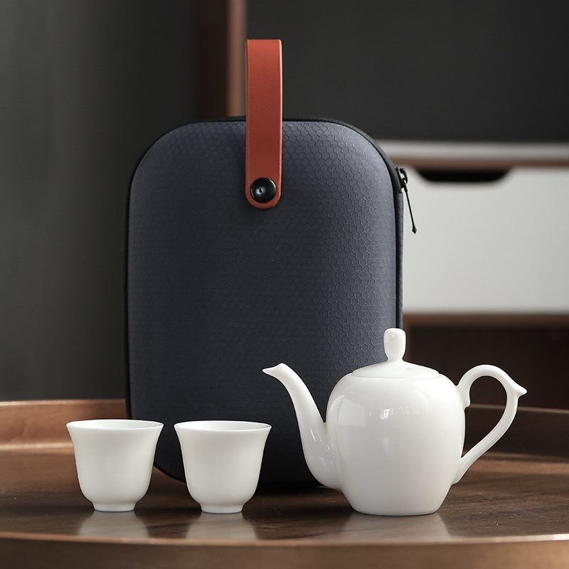 陶瓷便携式功夫茶具手提小套装一碗四杯旅行茶具白瓷盖碗玻璃公杯
