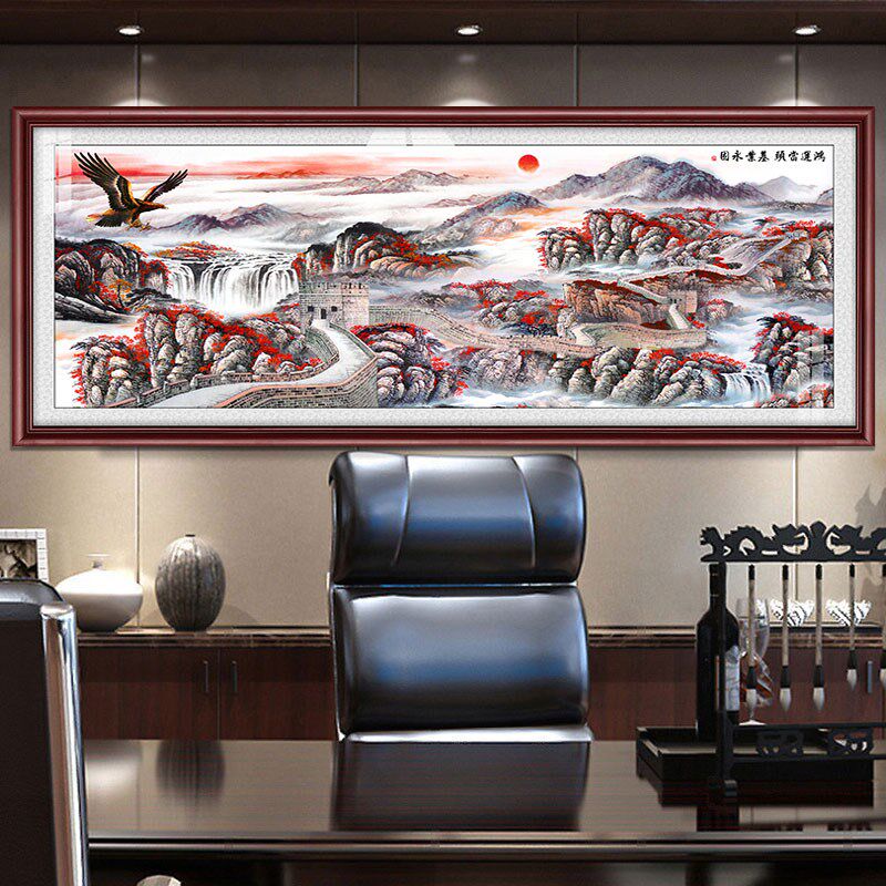 鸿运当头流水生财国画山客厅办公室风景靠山水挂画办公桌背景牌扁