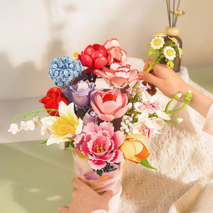 潘洛斯拼装小颗粒积木花仿真铃兰郁金香芍药康乃馨永生花积木玩具