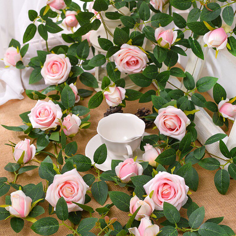仿真玫瑰花藤条蔓藤塑料花假花栅栏房顶暖气管道装饰花链高档造景