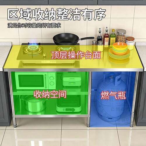厨房微波炉收纳架不锈钢燃气灶置物架放菜用具柜工作台桌子操作台