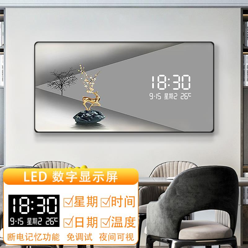 新款餐厅装饰画圆角带数字电子钟表万年历客厅吃饭厅背景墙壁挂画