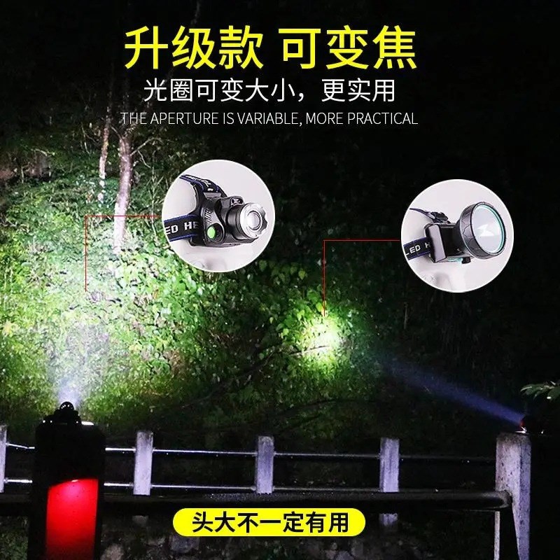 钓鱼灯夜钓蓝白双光源感应头灯 充电防水变焦LED头戴式电筒照明灯