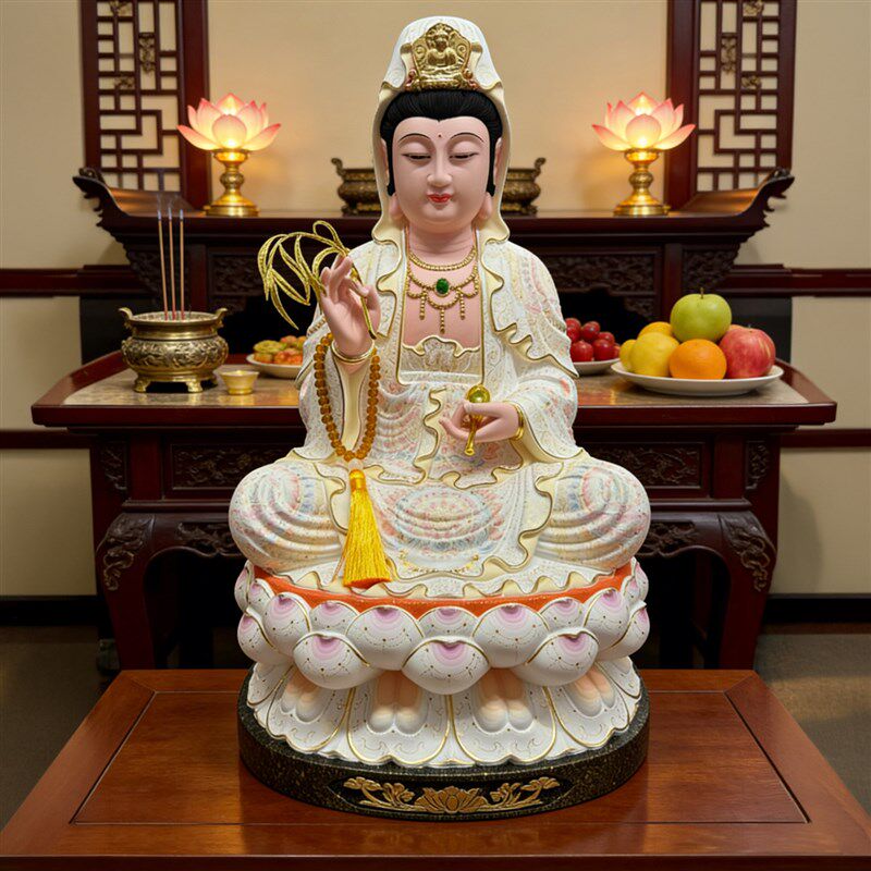 香樟木白衣观音菩萨佛像家用款供奉坐莲观世音神像木雕摆件可定制