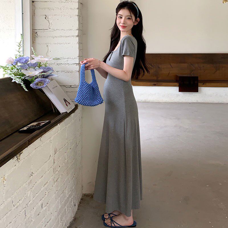 孕妇夏季连衣裙2025新款法式冰丝修身长裙夏装黑色辣妈轻奢高级感