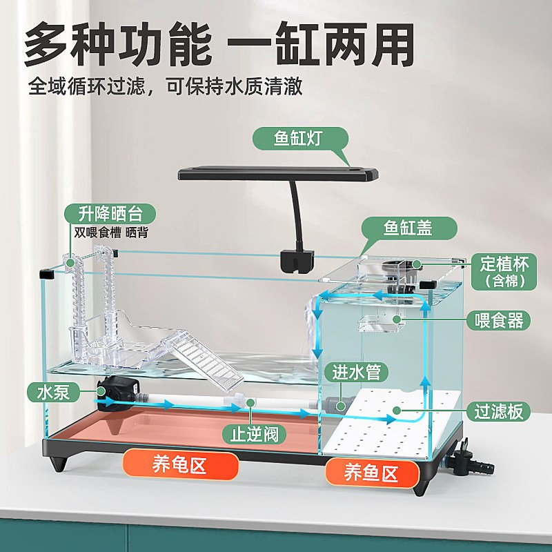 超白玻璃乌龟生态玻璃缸水陆饲养缸家用养殖箱带排水龟鱼混养鱼缸