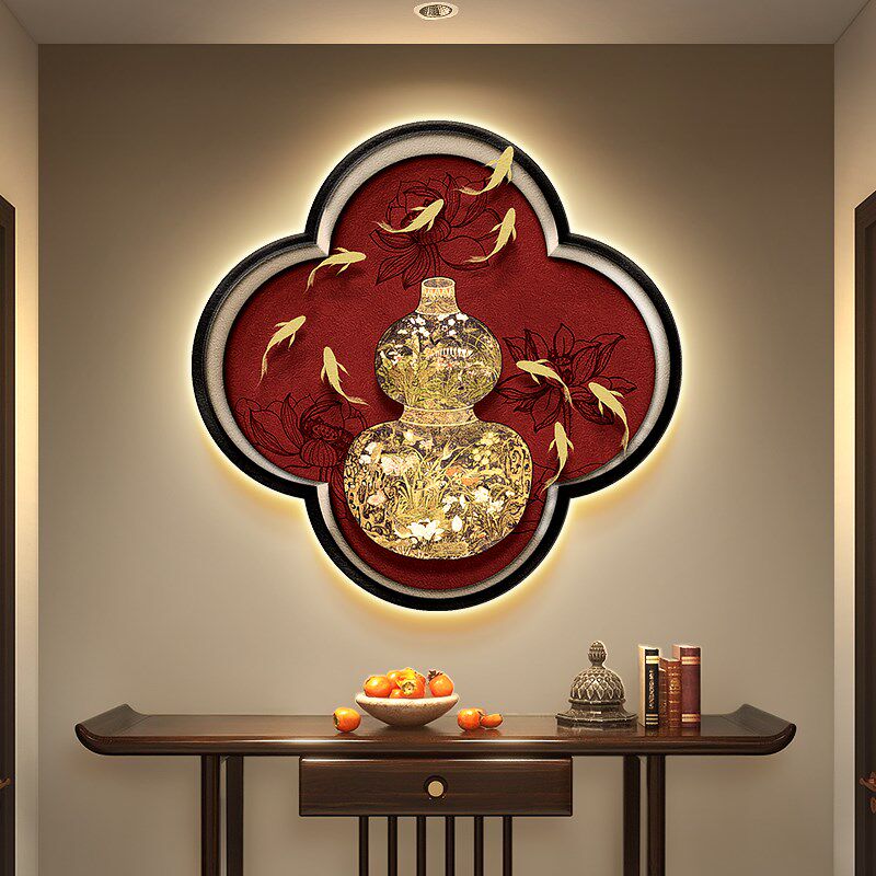 新中式葫芦玄关装饰画法式复古入户梅花形壁画锦鲤假窗户带灯挂画