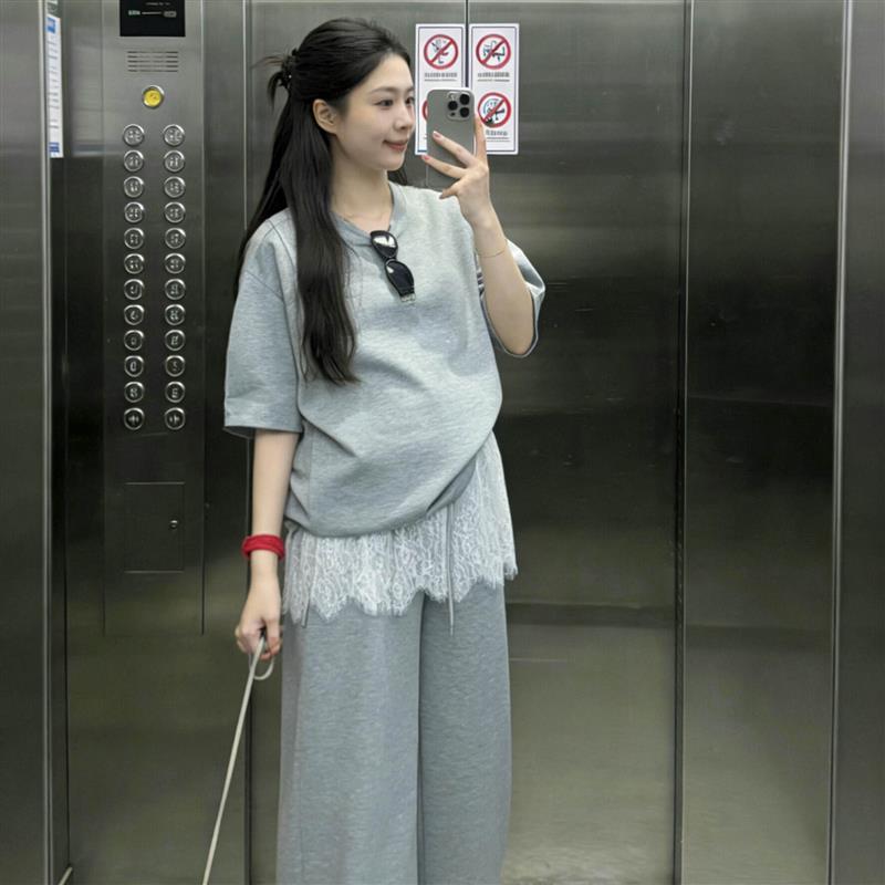 孕妇套装夏季宽松短袖上衣设计感蕾丝屁帘阔腿裤两件套孕妇女夏