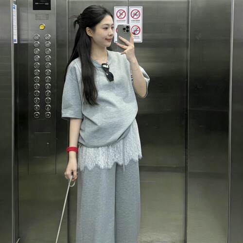 孕妇套装夏季宽松短袖上衣设计感蕾丝屁帘阔腿裤两件套孕妇女夏