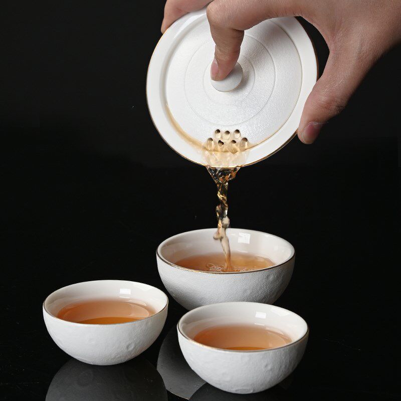 新品星球快客杯描金陶瓷旅行茶具便携式一壶三杯户外太空梦礼品