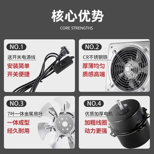 7/8/10/12寸防水窗口不锈钢大吸力饭店厨房换抽气排风专用排气扇