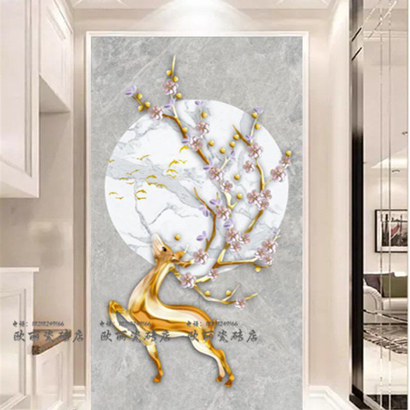 玄关背景墙瓷砖画岩板微晶石大理石石纹3D雕刻立体过道新中式麋鹿