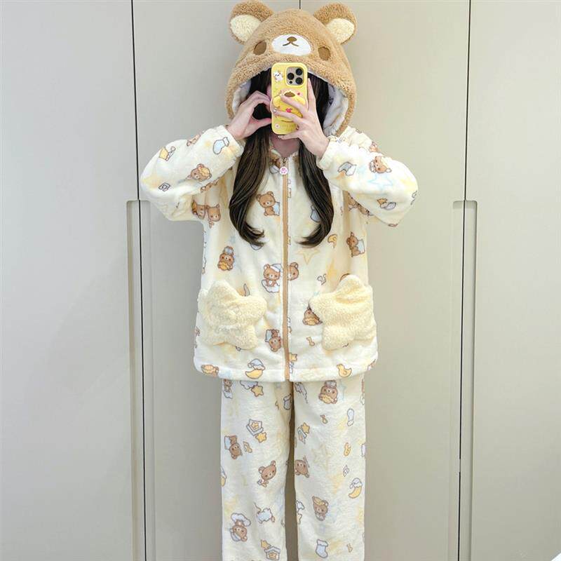 冬季珊瑚绒可爱睡衣女生冬加绒加厚可外穿毛绒少女卡通家居服套装