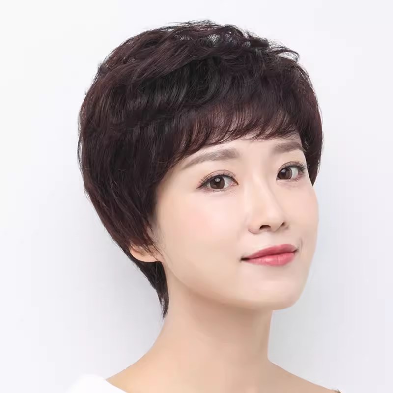 整顶假发真发假发女中老年妈妈短卷发女士蓬松气质款真人发丝递针