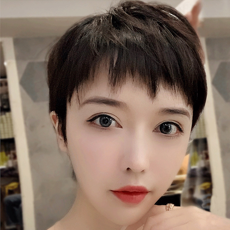 假发女短发狗啃刘海超短发造型全真发纹理短发夏天薄款全头假发套