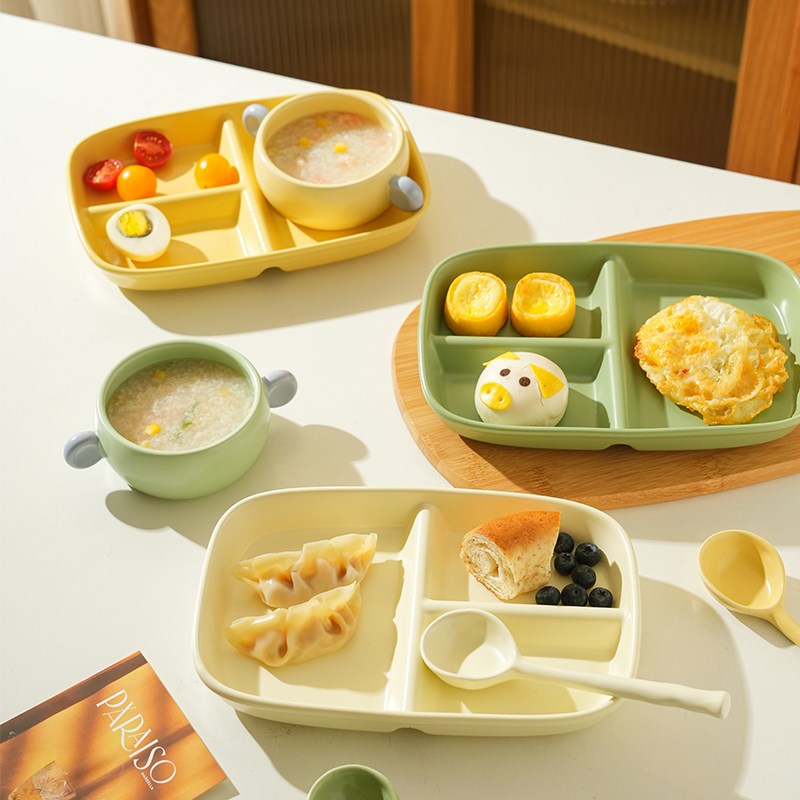 可爱儿童陶瓷餐盘高颜值早餐分格盘一人食分餐盘子双耳碗餐具套装