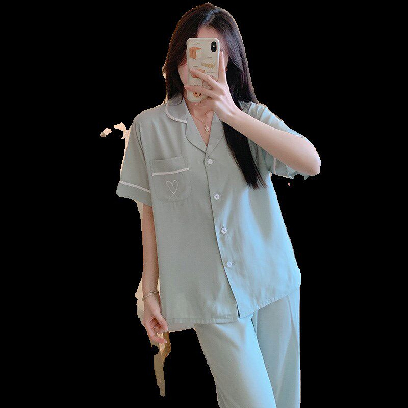 短袖棉绸睡衣女夏季薄款可外穿人造棉家居服日系开衫纯色绵绸套装