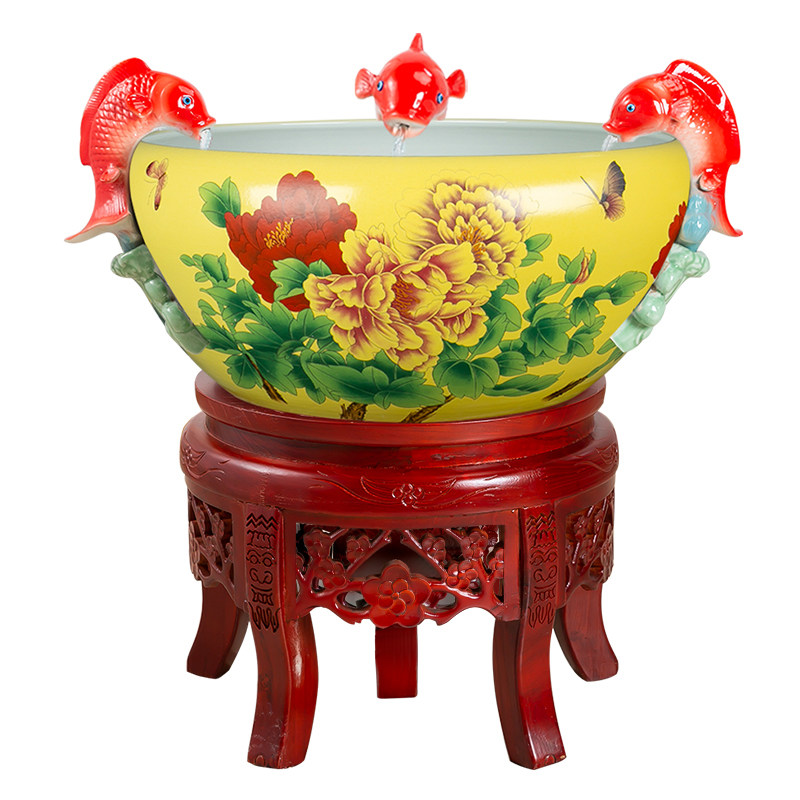 景德镇陶瓷荷花缸金鱼缸乌龟缸流水鱼池家居造景喷泉景观装饰摆件