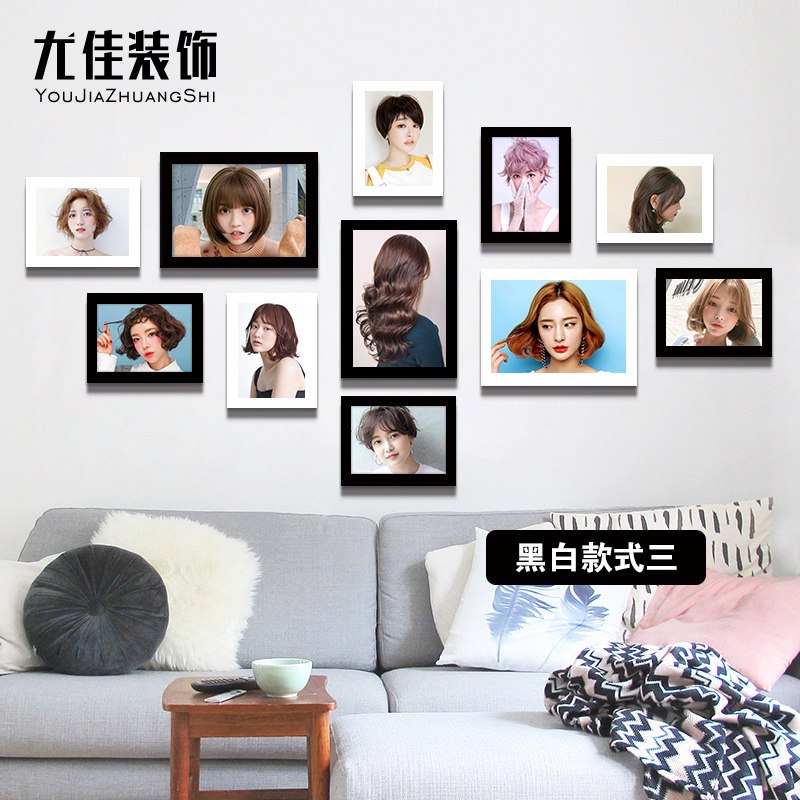 新款美发店装饰挂画理发造型发廊墙画网红发型图照片墙相框背景墙