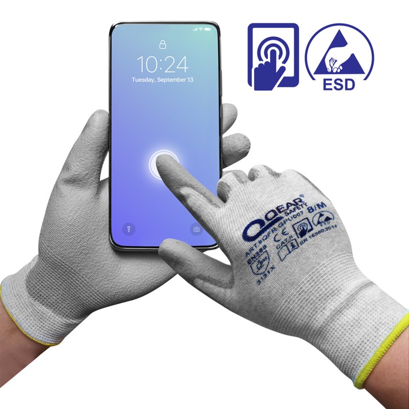 QEAR防静电ESD轻薄工作防护碳纤维PU涂掌可触屏薄款透气防滑手套